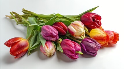 Vibrant bouquet of colorful tulips arranged elegantly on a white surface.