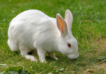 White rabbit nibbling grass on a sunny day.