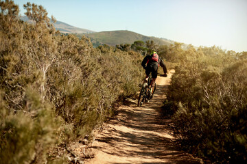 Obraz premium Back, man and bicycle on mountain for fitness, challenge and sport on dirt path. Athlete, bike and cycling on nature trail for exercise, cardio training or travel in environment for outdoor adventure