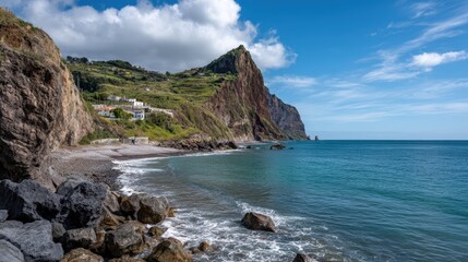 Stunning coastal landscape with cliffs and ocean under a bright blue sky.