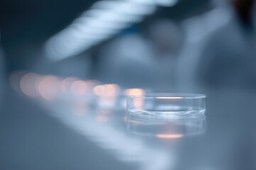 in clean minimalistic laboratory setting focus is on transparent petri dishes with bacterial cultures brightly lit
