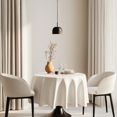 italian modern dining room, round table with soft tablecloth, cozy chairs, designer vase, warm soft light, compact space, balanced style