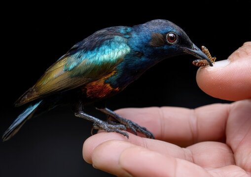 Colorful bird gently takes food from a person's hand against a black background.