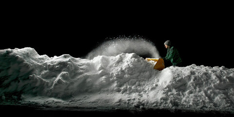 Man Operating Snow Thrower at Night