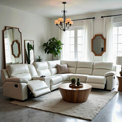 White Power Recliner Sectional Sofa Set in Framed Design, Styled with Coffee Table, Marble Rug, Mirrors, and Cactus in a Brightly Lit Living Room with Natural Light
