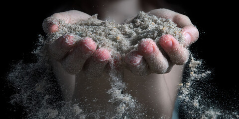 Hands Releasing Sand Against Black Background