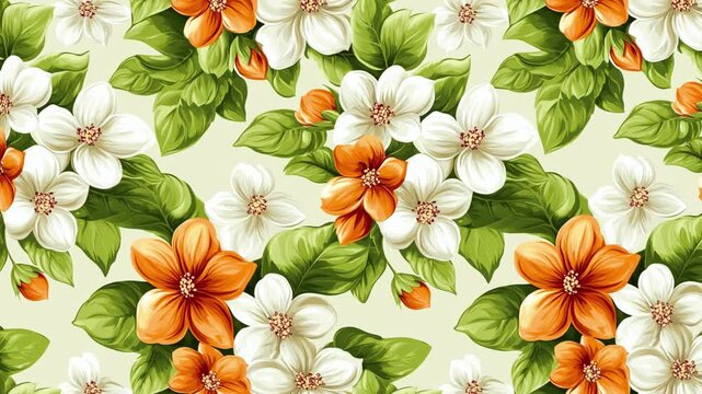 Floral Tile Loop: White and Orange Flowers Animated Background