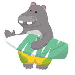 Surfing hippo character beach scene digital art whimsical fun cartoon style