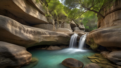 Serene Waterfall cascading into a turquoise pool nestled within smooth rocks and lush green trees