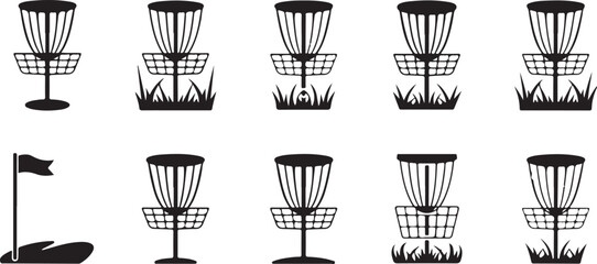 Disc Golf Basket Icon with Flag and Grass Silhouette Vector for Sports, Outdoor, and Recreation Designs