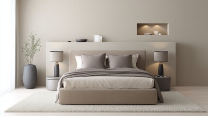 monochrome mocha bedroom full view, platform bed with mocha fabric headboard, taupe bedding, soft boucle rug, matte beige wall, wall niche lighting