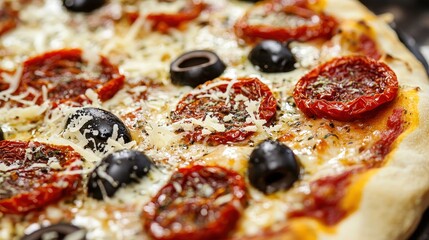 rustic Italian pizza with sun-dried tomatoes, black olives, and parmesan shavings