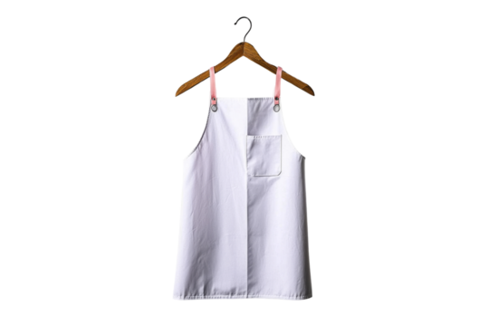 A pristine white apron hanging on a wooden hanger, demonstrating cleanliness and practicality