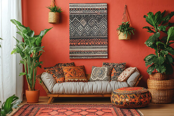 Bohemian Living Room with Coral Wall and Colorful Patterned Textiles