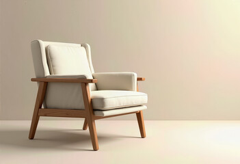 Elegant Cream-Colored Armchair with Smooth Fabric and Oak Wood Accents, Photorealistically Rendered Against a Minimal Light Beige Setting with Soft Shadows and Highlights

