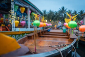 Incense burns on wooden boat in Asian river surrounded by colorful lanterns creating spiritual calm and cultural charm, Smoking ritual floats on tropical waterway, peace and tradition