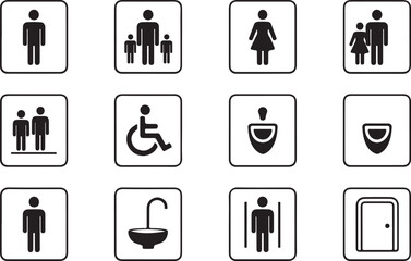 Silhouette Collection of Restroom and Accessibility Icons, Featuring Men, Women, Family, Wheelchair, and Bathroom Symbols