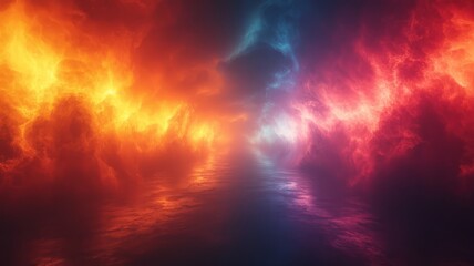 Fototapeta premium Vibrant cosmic landscape with swirling orange and blue clouds reflecting on a tranquil surface, evoking a sense of wonder and exploration.