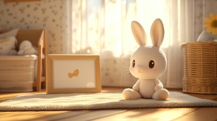 Cute white rabbit sits on a rug in a sunny children's room