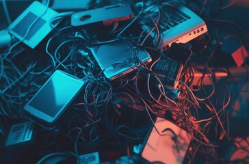 A dramatic and sharp photo of electronic junk stacked high--phones, laptops