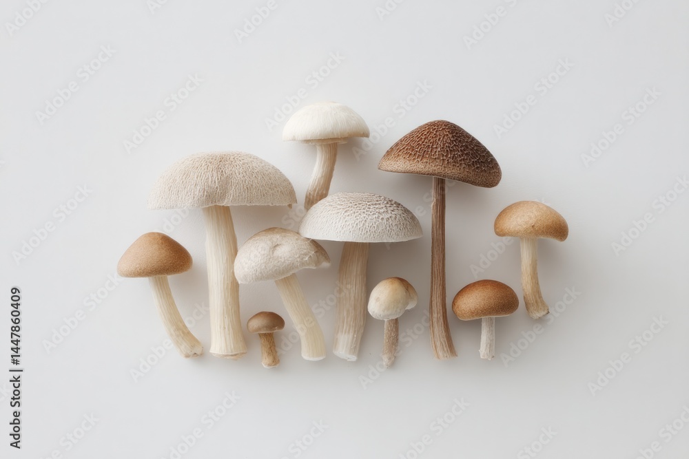 Poster minimalistic arrangement of various mushrooms on clean white background with ample copy space