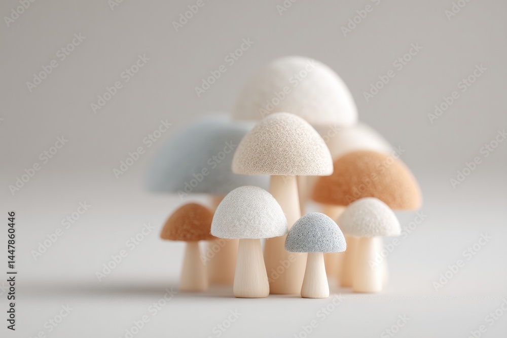 Poster minimalistic assortment of diverse mushrooms with clean composition ample copy space in background