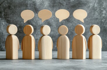Wooden figures with thought bubbles, representing a group discussion