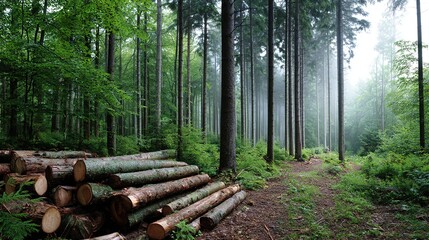 Fototapeta premium Stacked pine and spruce logs in a forest clearing, a serene woodland scene of natural harmony. 