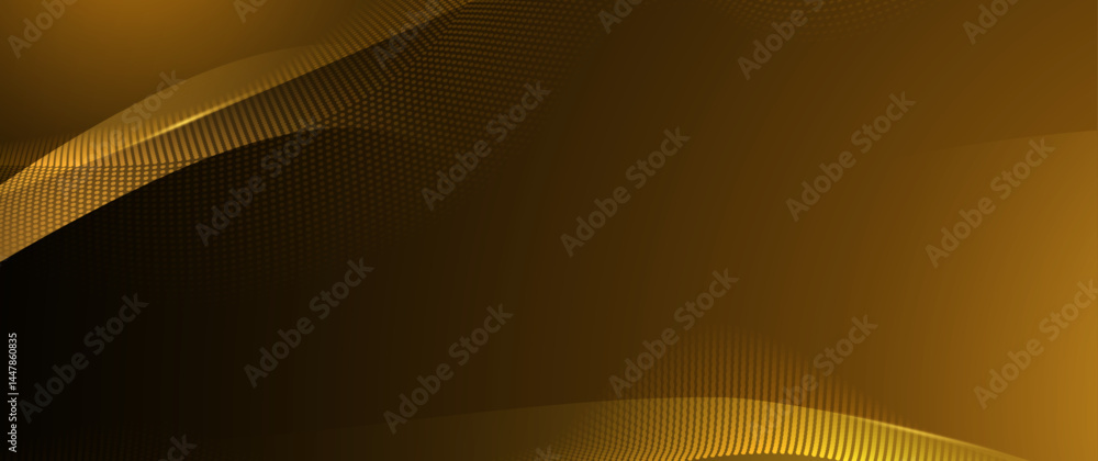 Poster Illustration vector abstract wave, flow line, motion pattern and particle dot on gold color background. Modern futuristic, big data design for background. Digital datum, high tech, technology concept