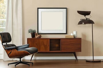 Mid-century modern living room featuring a comfortable leather armchair, wooden sideboard, and a framed artwork.  A floor lamp and small potted plant add to the design