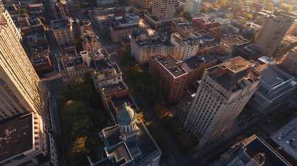 Urban buildings in soft morning light, cinematic drone angle