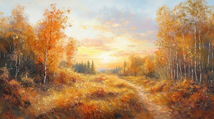 Fototapeta premium Autumnal pathway through golden woods at sunrise.