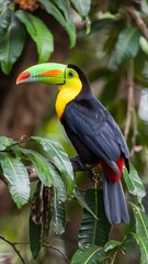 Obraz premium Vibrant yellow-breasted toucan with glossy black feathers and a large green bill tipped in red perched on a mossy branch in a tropical rainforest filled with lush foliage and soft sunlight beams
