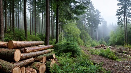 Fototapeta premium Stacked pine and spruce logs in a forest clearing, a serene woodland scene of natural harmony. 