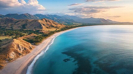 Aerial sunset beach, coastal mountains, travel brochure