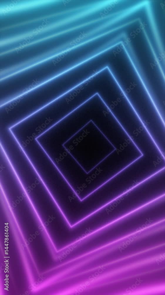 Poster abstract geometric neon tunnel of glowing squares in blue and purple tones creating a sense of infin