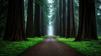 A foggy forest path surrounded by tall, ancient trees, creating a mysterious and enchanting atmosphere