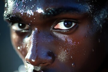 Close-up portrait of an african american man with glistening skin, showcasing intense expression and sweat droplets, capturing the essence of determination and resilience in a dramatic lighting