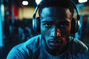 Athletic man wearing headphones is focused and engaged in a fitness environment, showcasing determination and intensity while preparing for a workout or training session