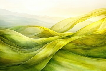 Abstract flowing green waves creating a serene landscape with soft light in the background