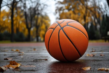 Close-up of an orange basketball resting on a wet court surrounded by fallen leaves, showcasing the texture and details of the ball in an autumn park setting