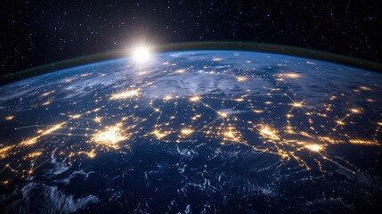 Obraz premium Earth with illuminated network paths, illustrating global internet and telecommunications