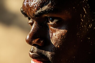 Close-up portrait of an african american man with glistening skin, showcasing intense expression and determination, illuminated by natural light, highlighting facial features and textures