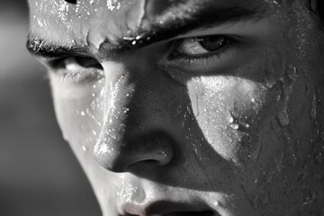 Close-up portrait of a young man with intense expression, glistening skin from sweat, showcasing determination and focus in a dramatic black and white composition with strong contrasts