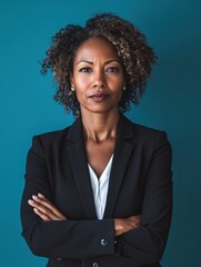 Confident african american woman in a black suit stands with arms crossed against a teal background, exuding professionalism and strength in a corporate environment