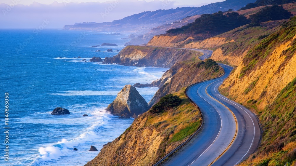 Poster a scenic coastal highway hugging the edge of cliffs, with waves crashing below.