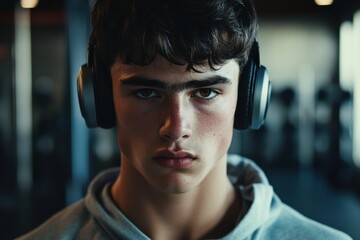 Young male athlete wearing headphones, focused and determined expression, in a modern gym environment, showcasing dedication to fitness and personal training journey