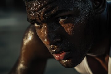 Athletic man with glistening skin is focused and determined during an intense workout session, showcasing strength and dedication in a dynamic fitness environment