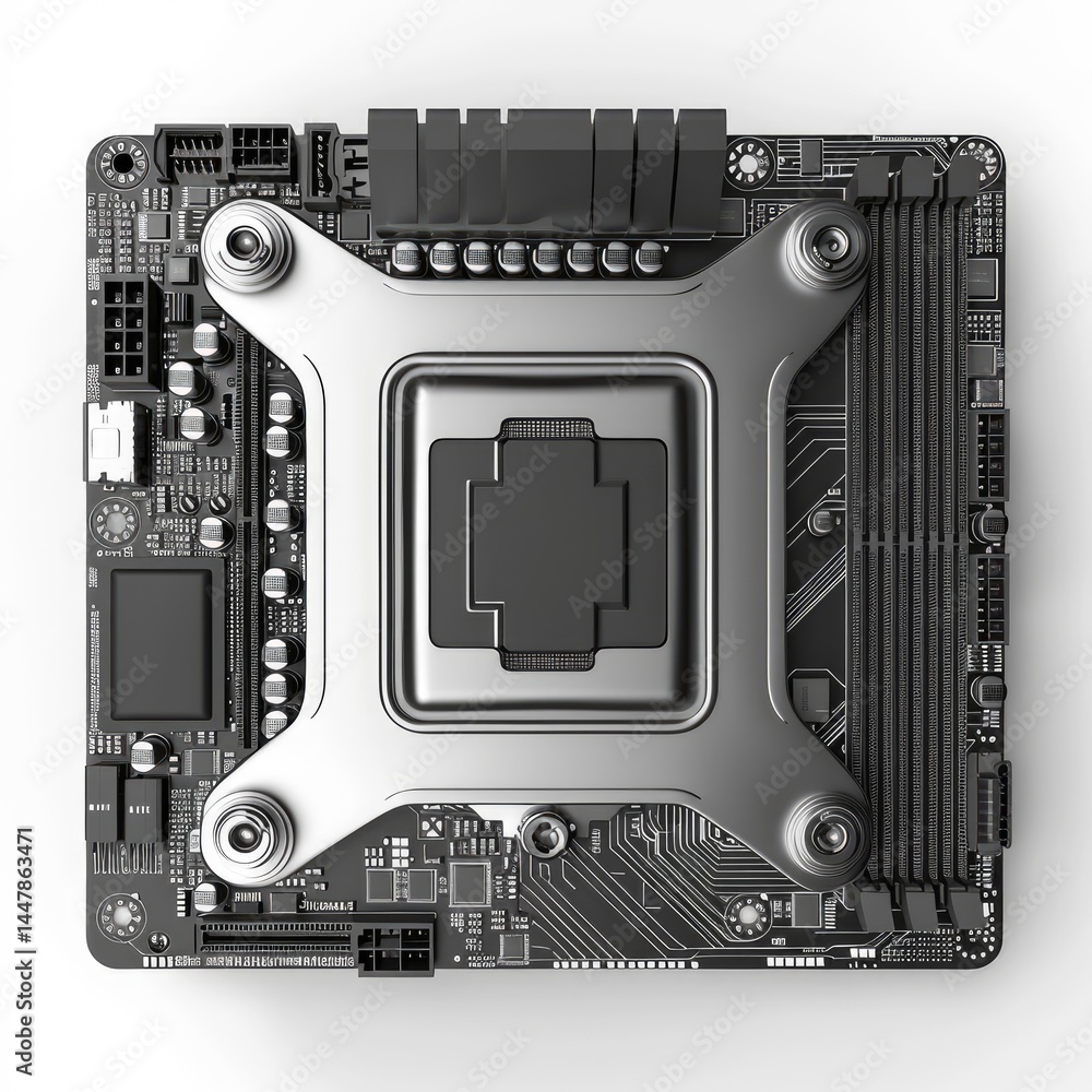 Poster a close-up view of a computer motherboard showcasing its components and layout. on white background
