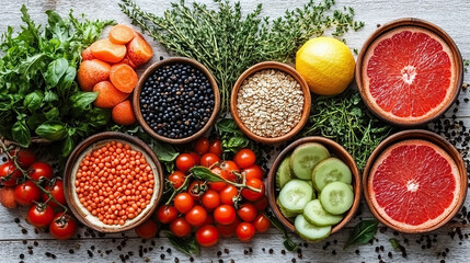 Fresh vegetables, fruits, and grains arranged neatly on a white surface, symbolizing clean and healthy eating.
